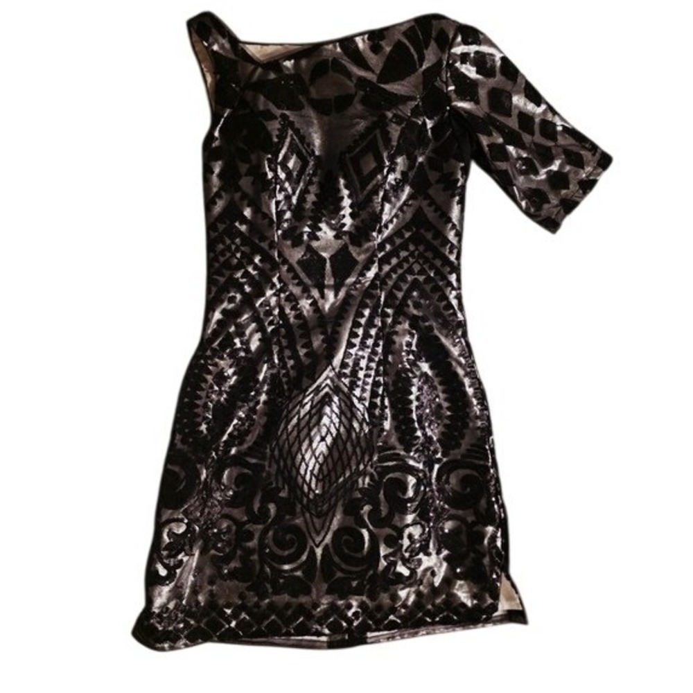 Gail McInnis Productions Black Silver Sequin One Shoulder Mini Dress Small
